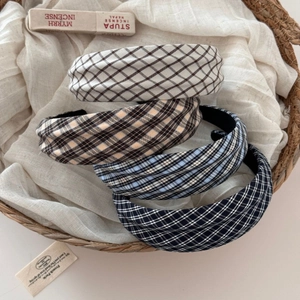 Set of four autumn plaid wide headbands in beige, blue, and brown fabric textures