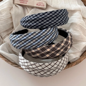 Set of four plaid fabric wide headbands in navy, light blue, beige and white colors