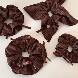 Vintage Plaid Bow Scrunchies For Women Korean Style Coffee Check Pattern Hair Ties With Wooden Button Fabric Hair Bands