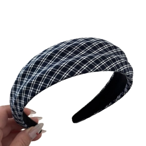 Navy blue plaid padded headband with wide non-slip inner lining for daily styling