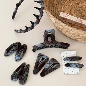 Blue and grey plaid fabric hair accessory set with headband and shark clips