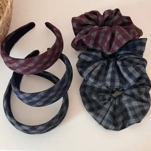 Vintage Plaid Wide Headband Fabric Wrapped Hair Hoop And Matching Plaid Scrunchie For Women Daily Simple Hair Accessories