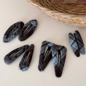 Blue and brown plaid fabric hair clips set in oval and triangle shapes for women