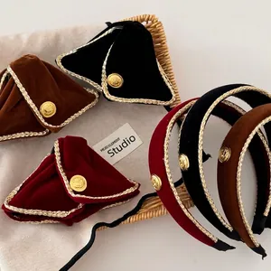 Vintage Velvet Wide Headband With Gold Braided Edge Metal Buckle Elegant Hair Hoop Hair Clips For Women Daily Hair Accessories