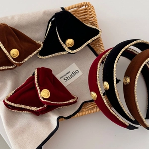 Vintage velvet headbands set in burgundy and black with gold woven edges and metal buckles
