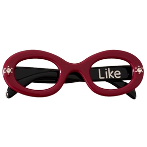 Red infinity frame sunglasses with rhinestone accents and Like print on temples