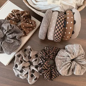 Vintage Fabric Headband And Large Scrunchie Coffee Beige Polka Dot Plaid Striped Bowknot Autumn Hair Accessories For Women