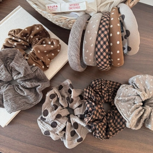 Maillard earth tone hair scrunchies and headbands set with classic polka dots and plaid patterns