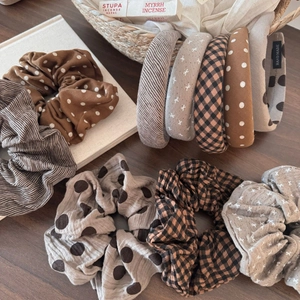 Maillard earth tone fabric hair scrunchies and headbands set with polka dot and plaid patterns