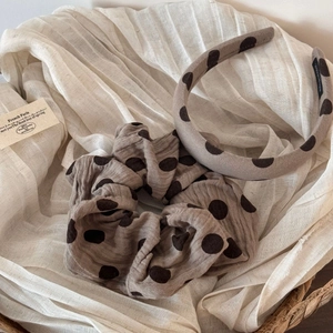 Polka dot oversized scrunchie and headband set in elegant brown and grey fabric texture