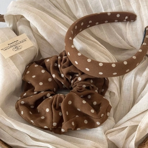 Polka dot fabric headband and large scrunchie set in brown and white tones
