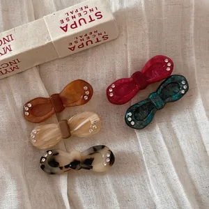 Acetate Marble Texture Bowknot Hair Clip With Rhinestones Vintage Korean Style Alloy Duckbill Side Clip Elegant Headwear For Women