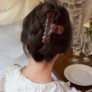 French tortoise shell hair claw clip shown on a model with elegant braided hairstyle