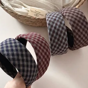 Plaid padded headband for women, vintage wide sponge hair accessory in four elegant colors