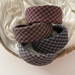 French Vintage Wide Brim Padded Sponge Headband For Women Plaid Checkered High Top Hair Band Autumn Winter Hair Accessories