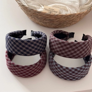 Four vintage plaid padded sponge headbands for women in navy, red, and grey blue colors