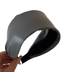 Deep grey wide leather headband with soft texture and minimalist vintage Korean style