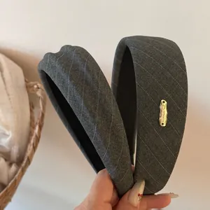 Vintage Gray Pinstripe Padded Sponge Headband For Women Korean Style Simple Wide Side Twill Fabric Hair Hoop Daily Hair Accessories