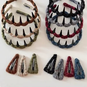 Autumn Winter Yarn Wrapped Triangle BB Hair Clip And Long Tooth Headband Handmade Retro Hair Accessories For Women