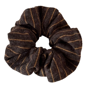 Striped knit scrunchie in coffee brown and yellow for women's winter hair styles