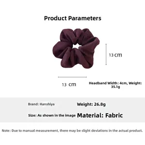 Detailed size chart for 13cm dark purple velvet scrunchie showing width and weight