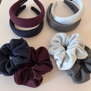 Plush fabric hair accessories set including velvet headbands and oversized scrunchies in four colors