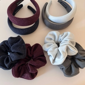 Detail showing high-quality handmade velvet hairbands and scrunchies in autumnal tones