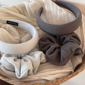 Winter velvet scrunchie and headband set in neutral grey and white handmade fabric