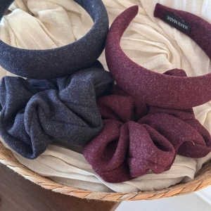 Elegant wool fabric scrunchie and headband set in dark grey and burgundy winter colors