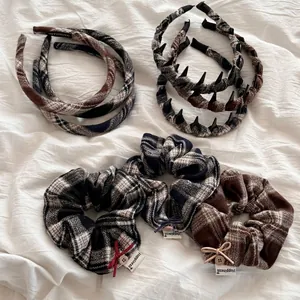 Vintage Plaid Fabric Headband Scrunchie Set Korean Style Non-slip Toothed Hair Hoop Plaid Hair Tie For Women Hair Accessories