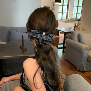 French style grey polka dot chiffon bow hair clip with pearl on low ponytail