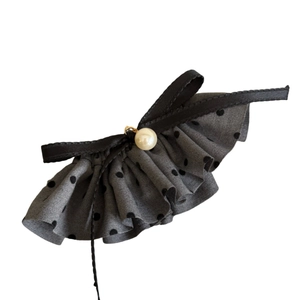 French retro grey polka dot hair clip with black pleated bow and pearl decoration
