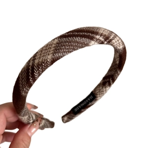 Brown and beige plaid fabric wide headband with handmade label and non-slip inner teeth