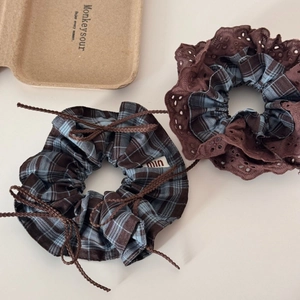 Retro Plaid Fabric Scrunchies College Style Blue Coffee Lattice Bowknot Lace Hair Ties Handmade Accessories For Women