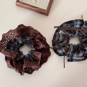 Vintage blue and brown plaid scrunchie set with delicate lace and lace-up bow detailing