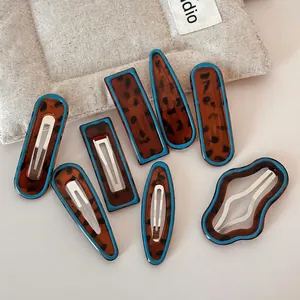 Blue Edged Leopard Print Hair Clip Mixed Material Geometric Irregular Side Clip For Women Vintage Korean Style Fashion Hair Accessory