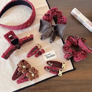 Vintage Red Plaid Hair Accessories Cloth Bear Dog Hair Clips Hair Scrunchies Claw Clip Headband For Women Girls Jewelry