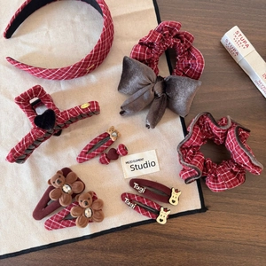 Red plaid hair accessory set with cartoon bear and bowknot for elegant hair styling