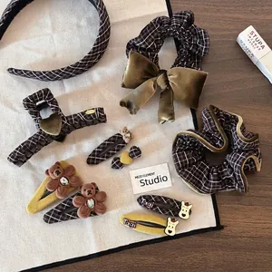 Vintage Plaid Hair Clip Set For Women Brown Coffee Checkerboard Headband Scrunchies Claw Clip Bear Bowknot Hair Accessories