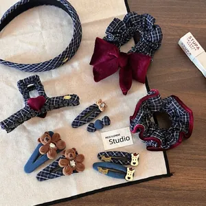 Vintage Navy Blue Plaid Hair Accessories Set Cartoon Bear Dog Plush Hair Clips Velvet Heart Hair Claw Scrunchies For Women