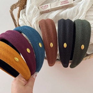 Set of thick ribbed knit headbands in six colors with gold Korea metal accent