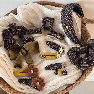 9-piece retro brown plaid hair accessory set with cute bear clips and velvet scrunchies