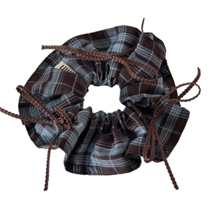British style blue and brown plaid scrunchie with tassel rope hair tie for women