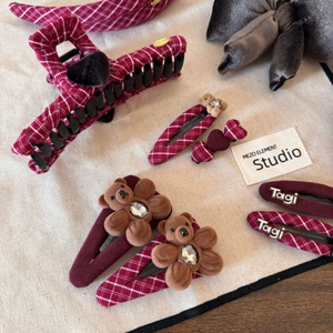 Red plaid hair clip set with cute teddy bear and gold accents for autumn styling