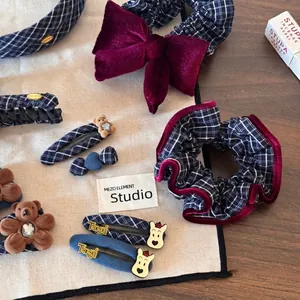 Retro navy plaid and velvet hair accessory set with cute bear clips and headband