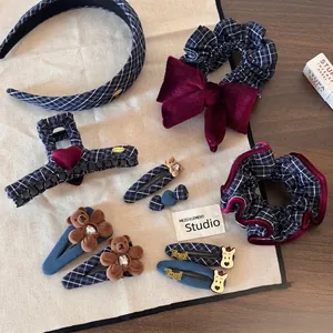 Elegant navy plaid and burgundy hair accessories set with cartoon bear hair clips