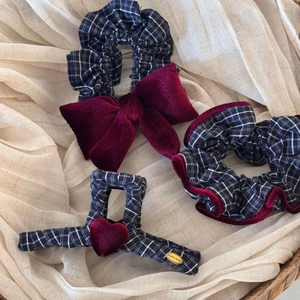 Three-piece hair accessory set with navy plaid velvet bow scrunchies and heart claw clip