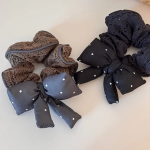 Polka dot bow scrunchies with knit texture for hair, stylish coffee and black elastic bands