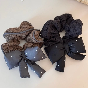 Knit scrunchie set with polka dot bows in brown and black for elegant hairstyles