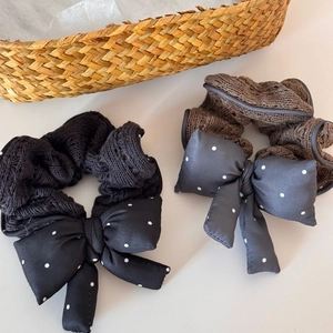 Knit polka dot bow scrunchies in black and coffee brown for elegant hair styling